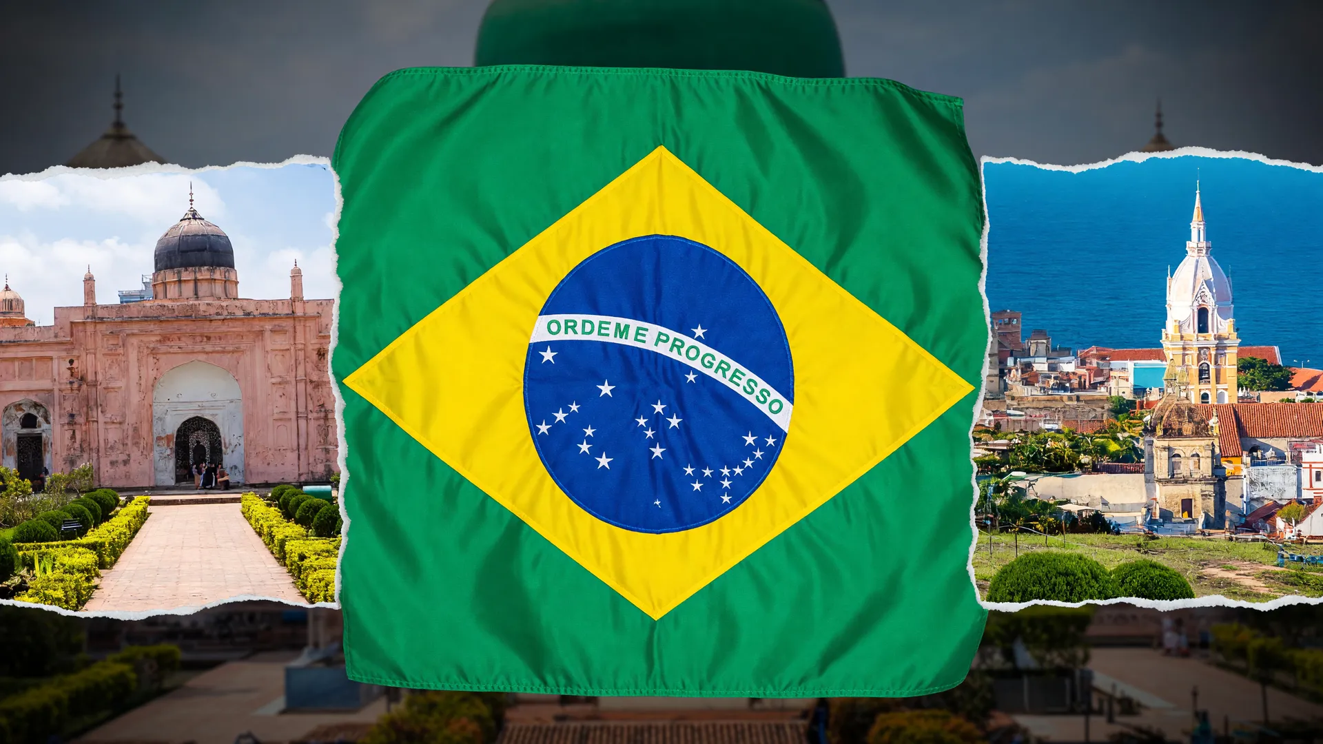 Bandeira do Brasil entre Daca e Cartagena, simbolizando a abertura de mercado agronegócio Bangladesh e Colômbia