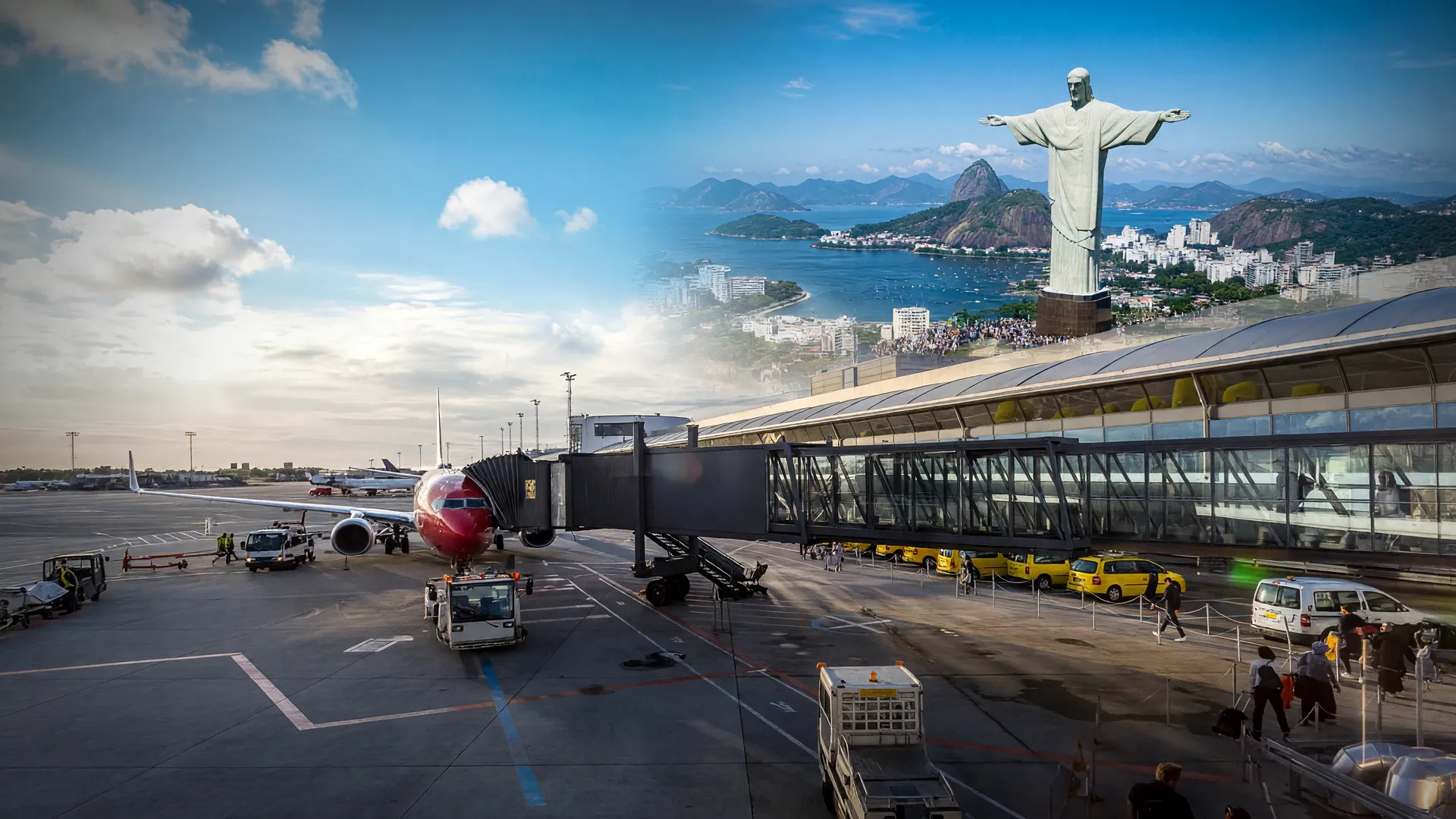Aena assume gestão do Galeão: avião embarca em terminal do aeroporto, com Rio de Janeiro ao fundo