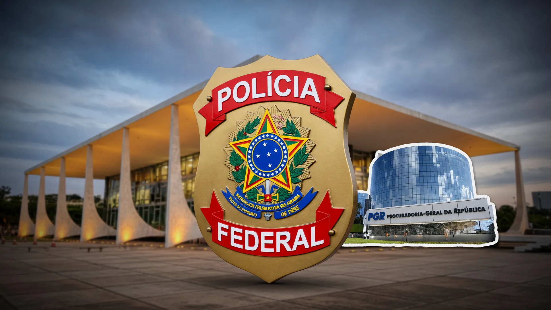 PGR e STF em foco no debate sobre o afastamento da cúpula da PF, com o distintivo da Polícia Federal