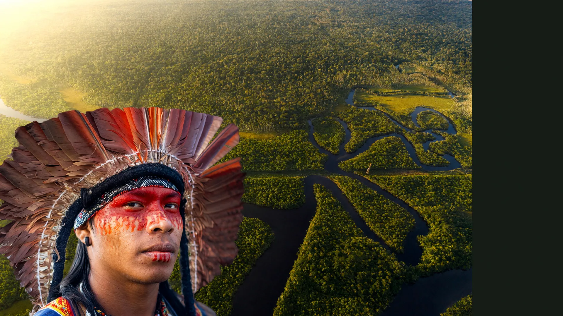 Floresta amazônica vista do alto, com indígenas em primeiro plano, ilustrando a agropecuária no entorno de áreas protegidas da Amazônia