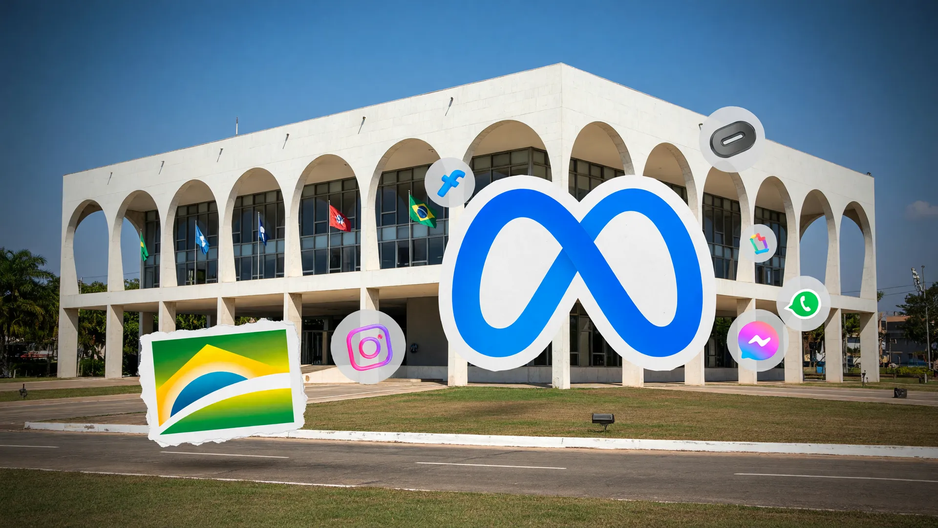 Palácio da Justiça e logo da Meta em colagem sobre a ANPD investigação Meta Marco Civil por bloqueios em redes sociais