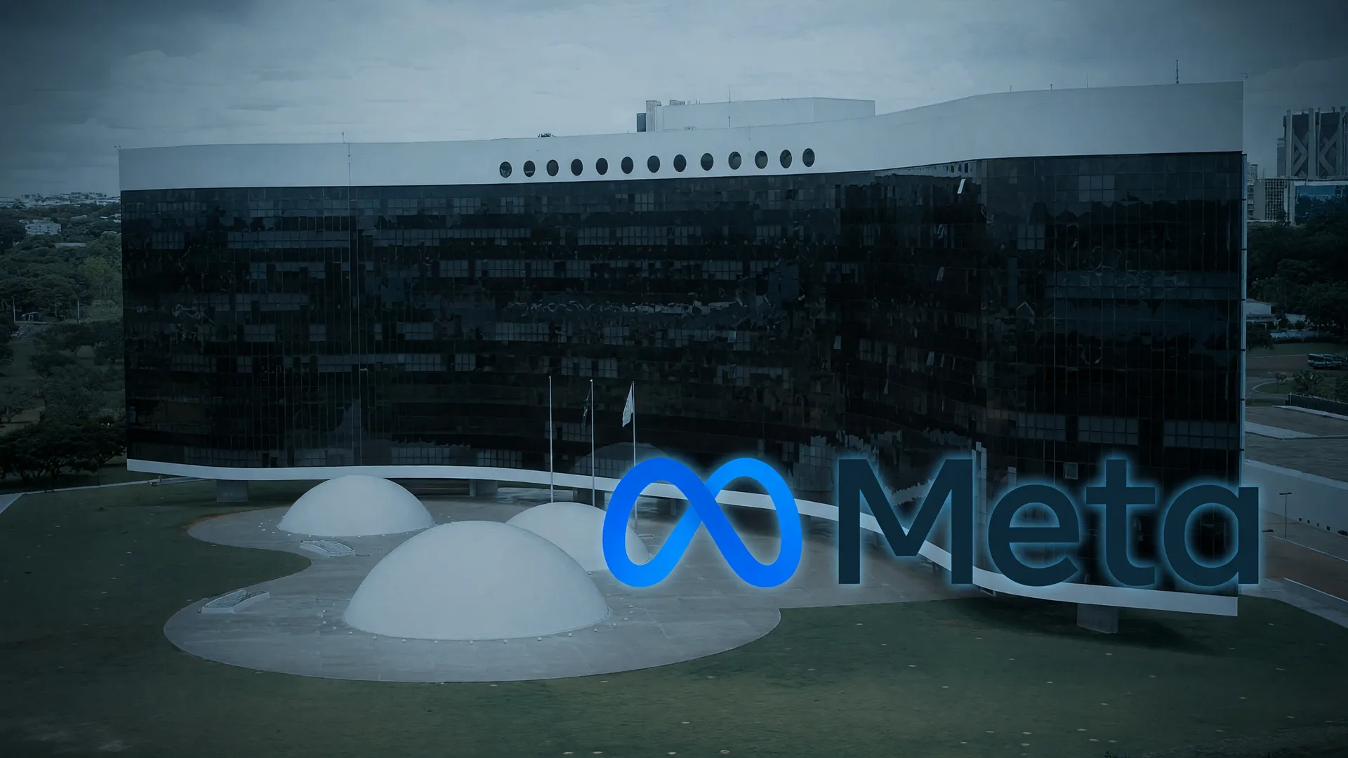TSE ao fundo e logo da Meta em primeiro plano, representando anúncios eleitorais no dia da votação monitorados nas redes