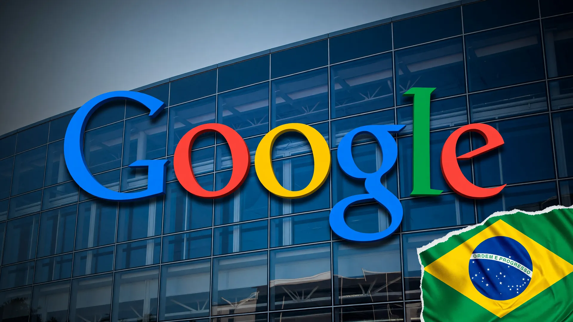 Logo 3D do Google sobre fachada de vidro azul, ilustrando anúncios no Modo IA Google no Brasil