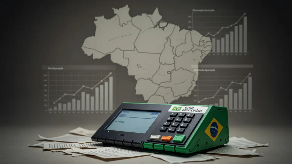 Urna eletrônica e mapa do Brasil simbolizam a apuração eleições 2026 primeiro turno no país