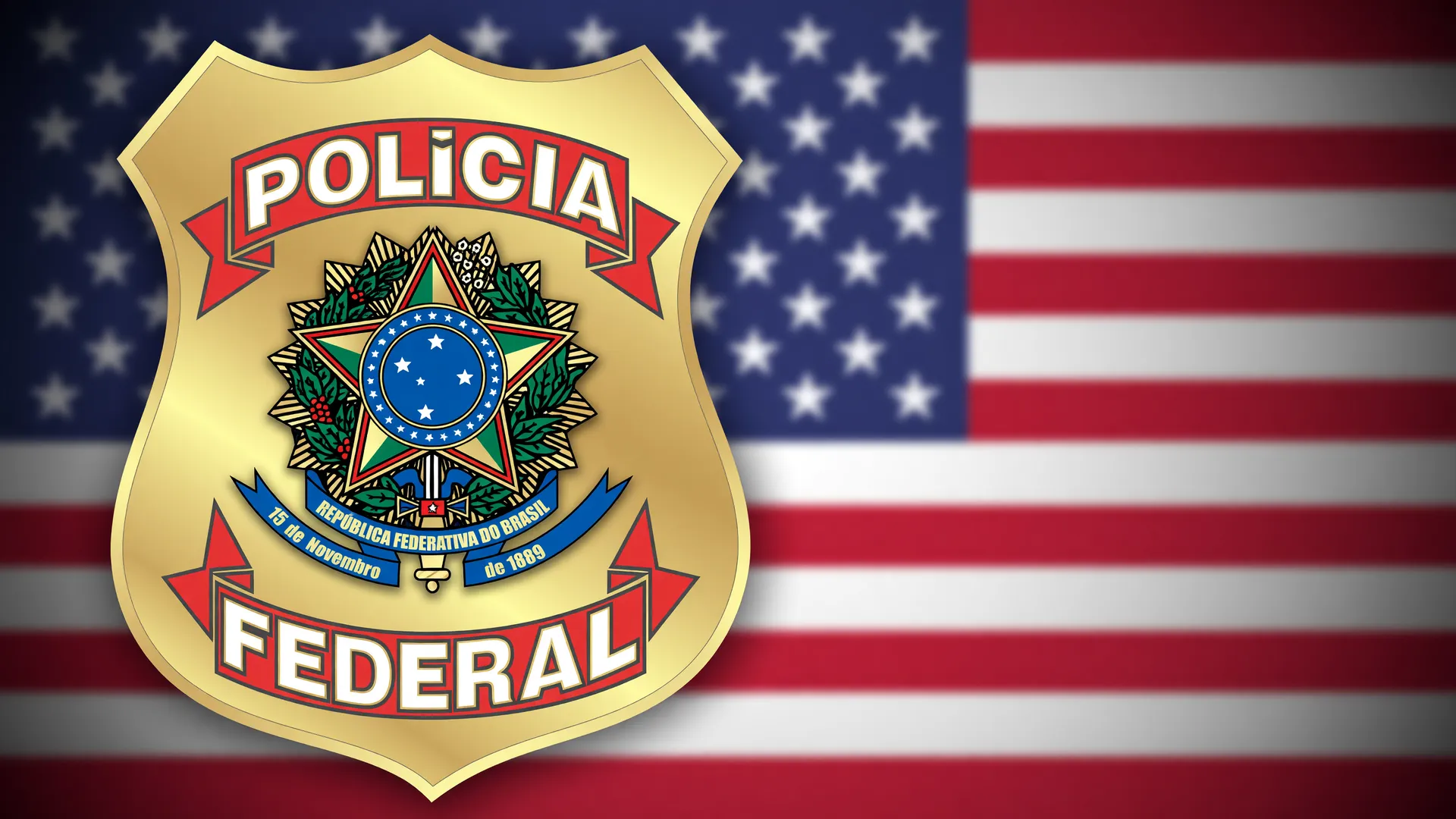 Brasão da Polícia Federal com bandeira dos EUA ao fundo, remetendo à investigação sobre ataque à embaixada dos EUA