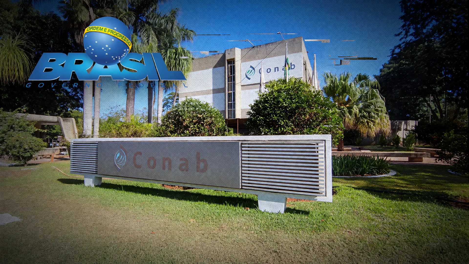 Sede da Conab em Brasília sob alerta de ataques hackers aos sistemas Conab, com símbolo do Governo Federal ao fundo