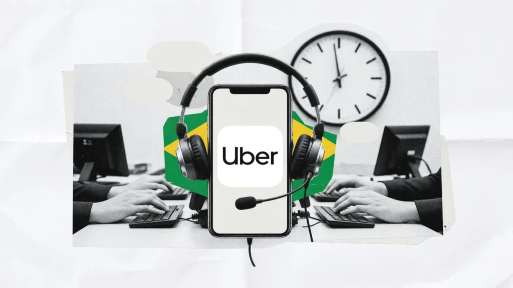 Headset e celular simbolizam o atendimento humano nos SACs, com o logo de um app de transporte em destaque