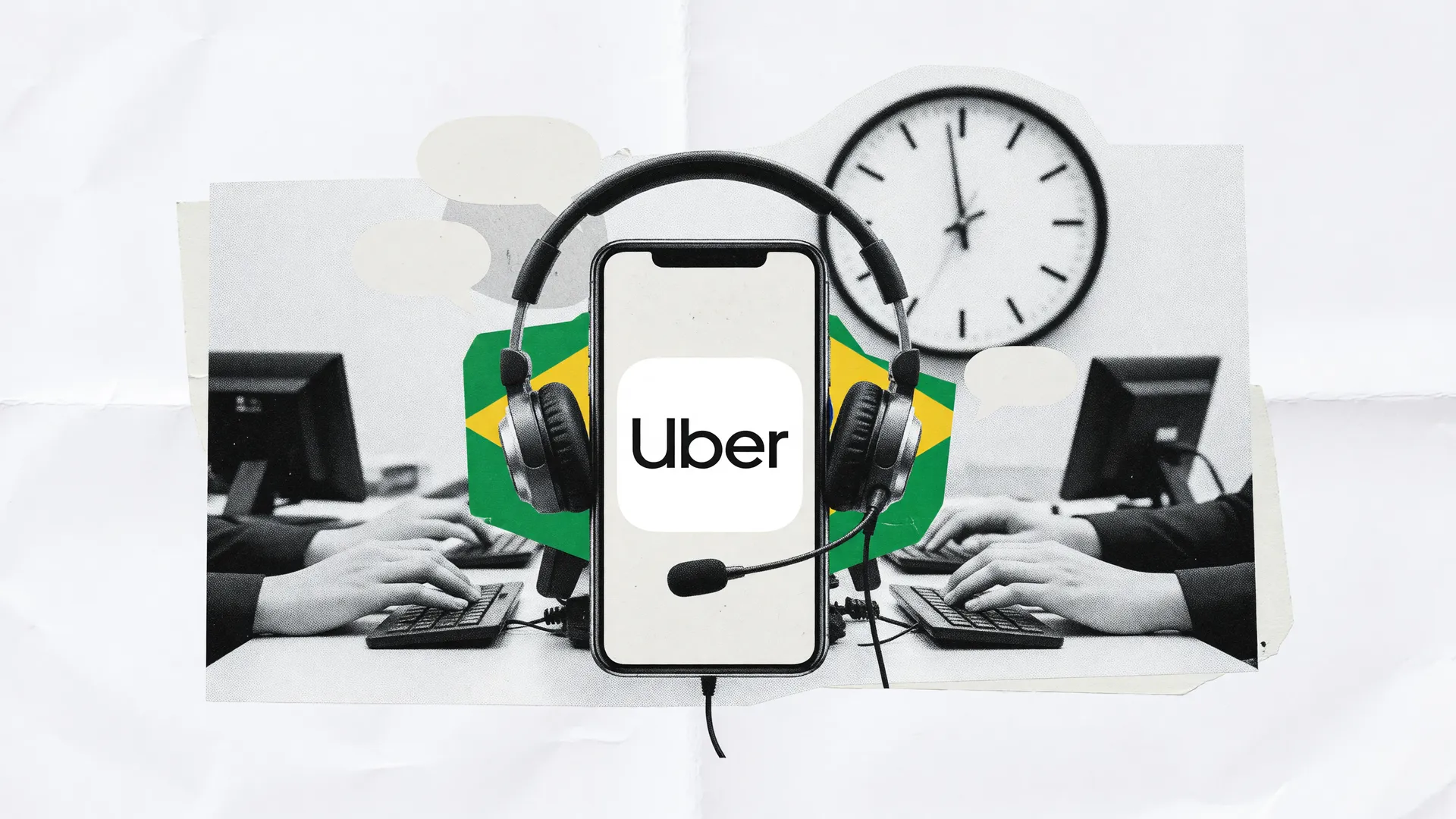 Headset e celular simbolizam o atendimento humano nos SACs, com o logo de um app de transporte em destaque