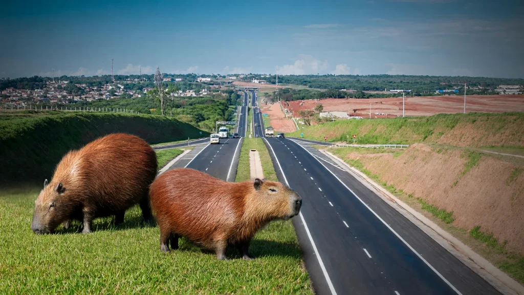 Capivaras à beira de rodovia duplicada, ilustrando projeto contra o atropelamento de fauna em rodovias