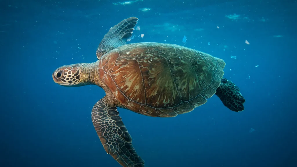 Tartaruga-verde nadando no mar, símbolo das bactérias de plástico em tartarugas reveladas por estudo da UFF