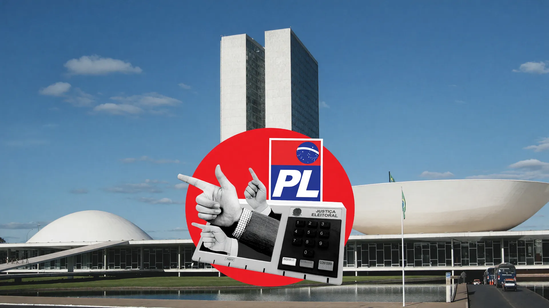 Congresso Nacional ao fundo e logo do PL em destaque simbolizam as bancadas do Congresso Nacional 2026