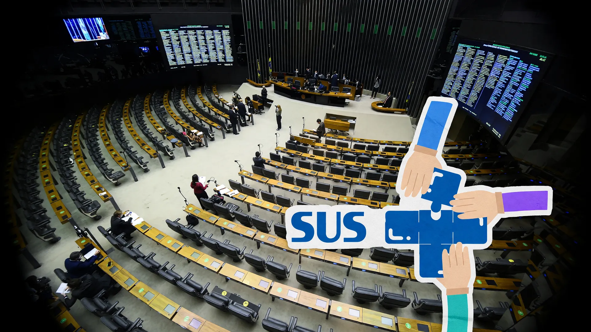 Plenário da Câmara dos Deputados com símbolo do SUS, ilustrando o debate sobre benzedeiras, reconhecimento e cultura na Câmara