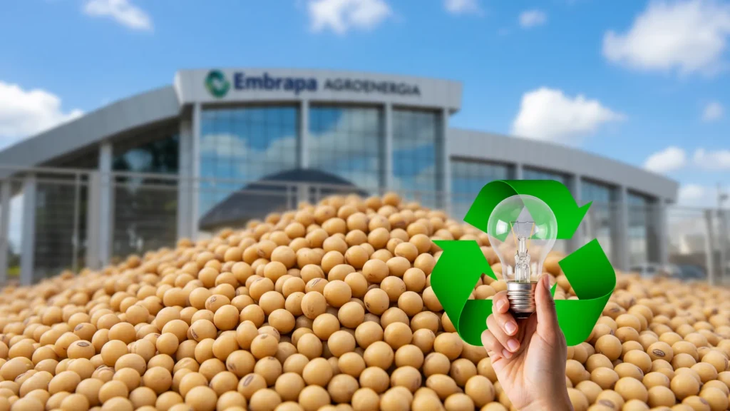 Grãos de soja e lâmpada LED simbolizam a bioeconomia nos municípios brasileiros impulsionada pela Embrapa