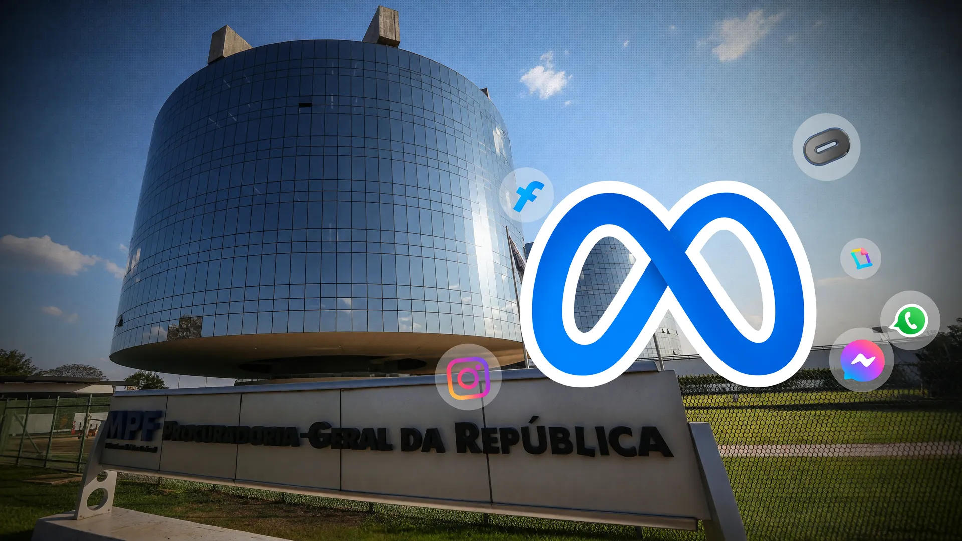 Sede do MPF em Brasília ao lado do logo da Meta, ilustrando o bloqueio de posts Meta eleições