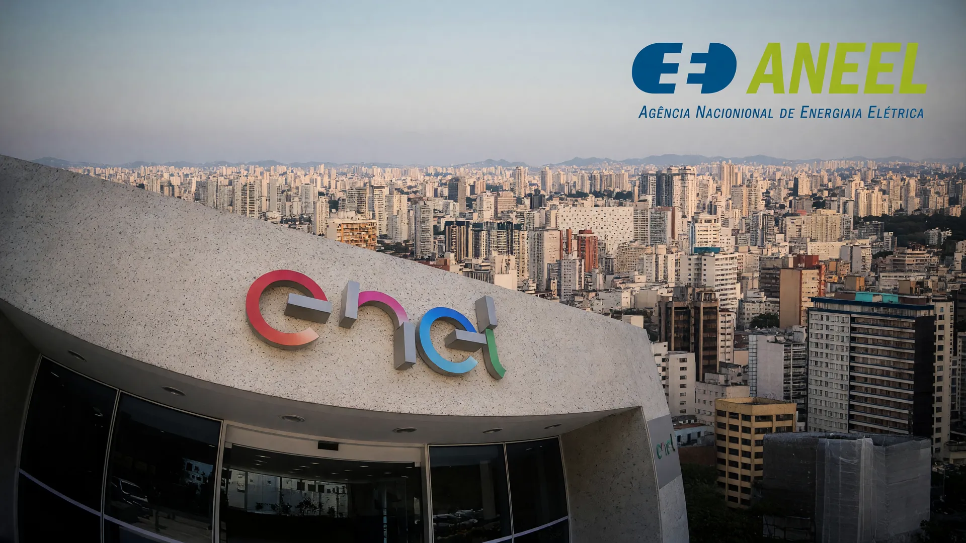 Sede da Enel em São Paulo com skyline ao fundo, representando a caducidade da concessão da Enel