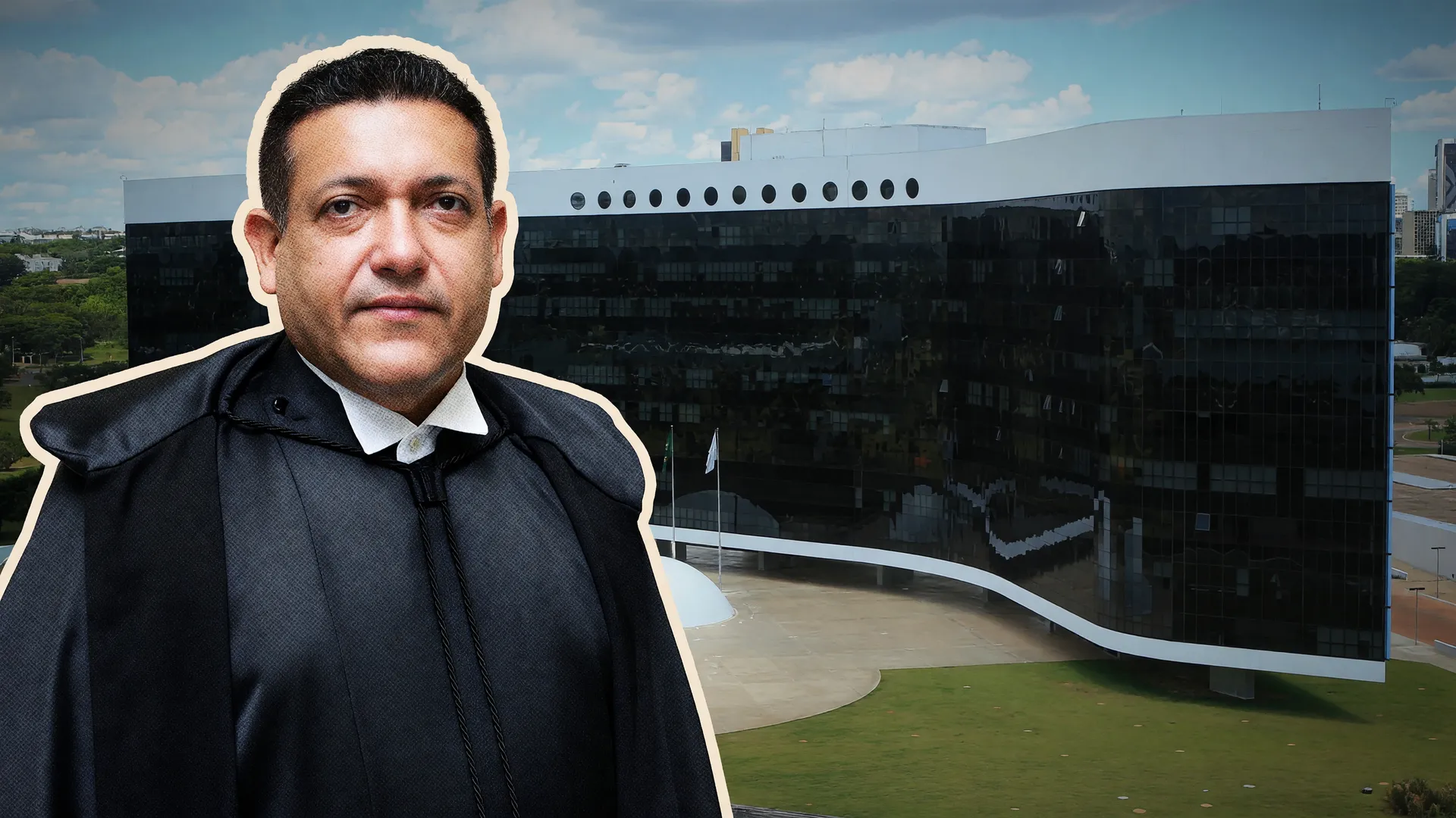 Ministro Nunes Marques diante do prédio do TSE, em colagem sobre o canal Exército do Lula TSE e a campanha digital