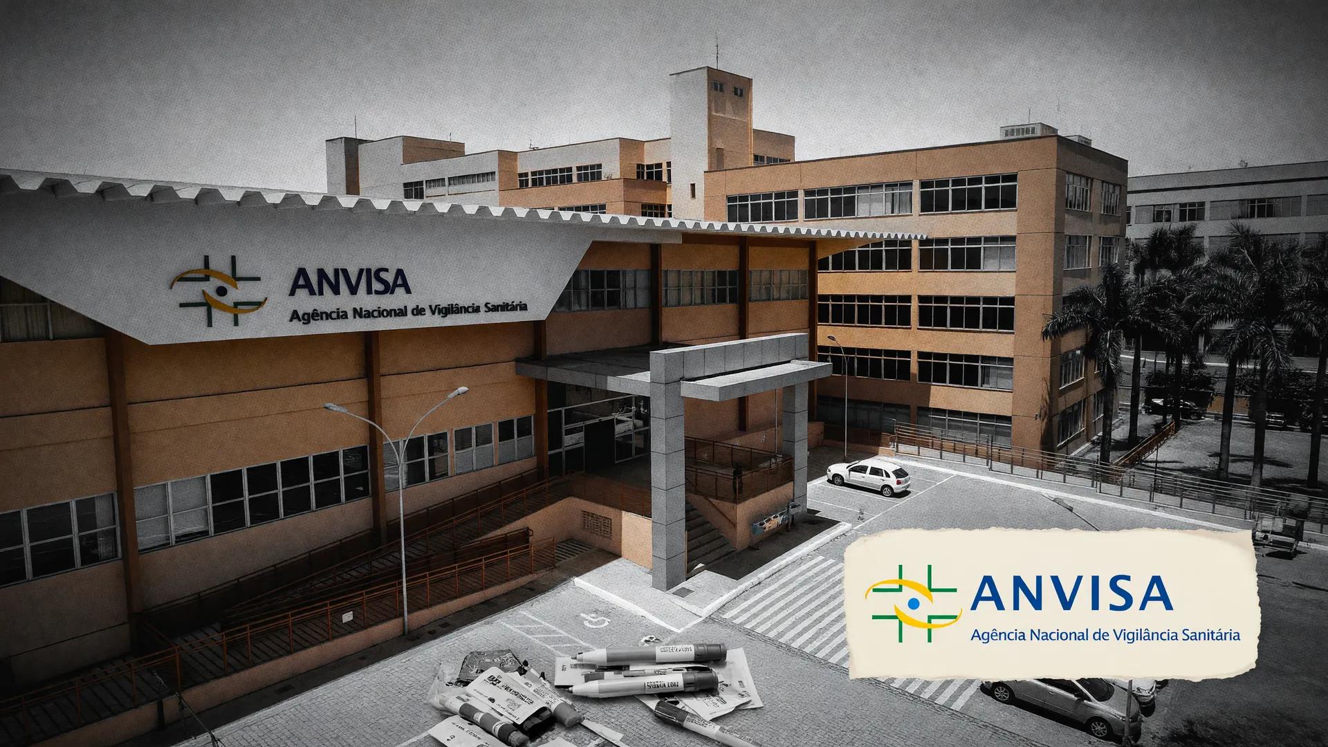 Sede da Anvisa em Brasília em colagem sobre a apreensão de canetas de tirzepatida sem registro