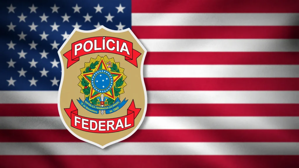 Bandeira dos EUA e distintivo da Polícia Federal simbolizam a carta Flávio Bolsonaro Milei Trump divulgada