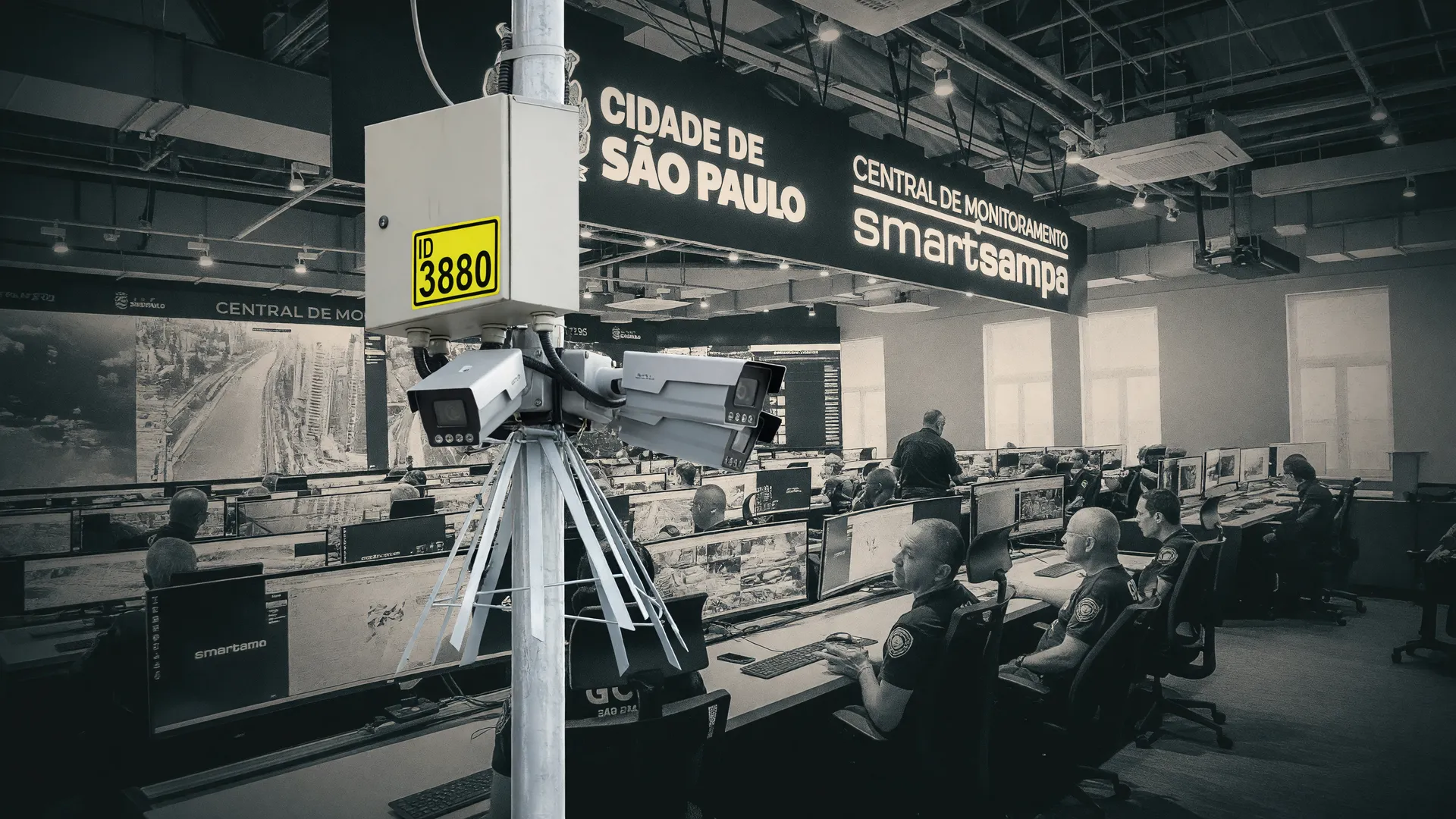Câmeras do Smart Sampa em poste e central de monitoramento: CNDH pede suspensão Smart Sampa após falha de segurança