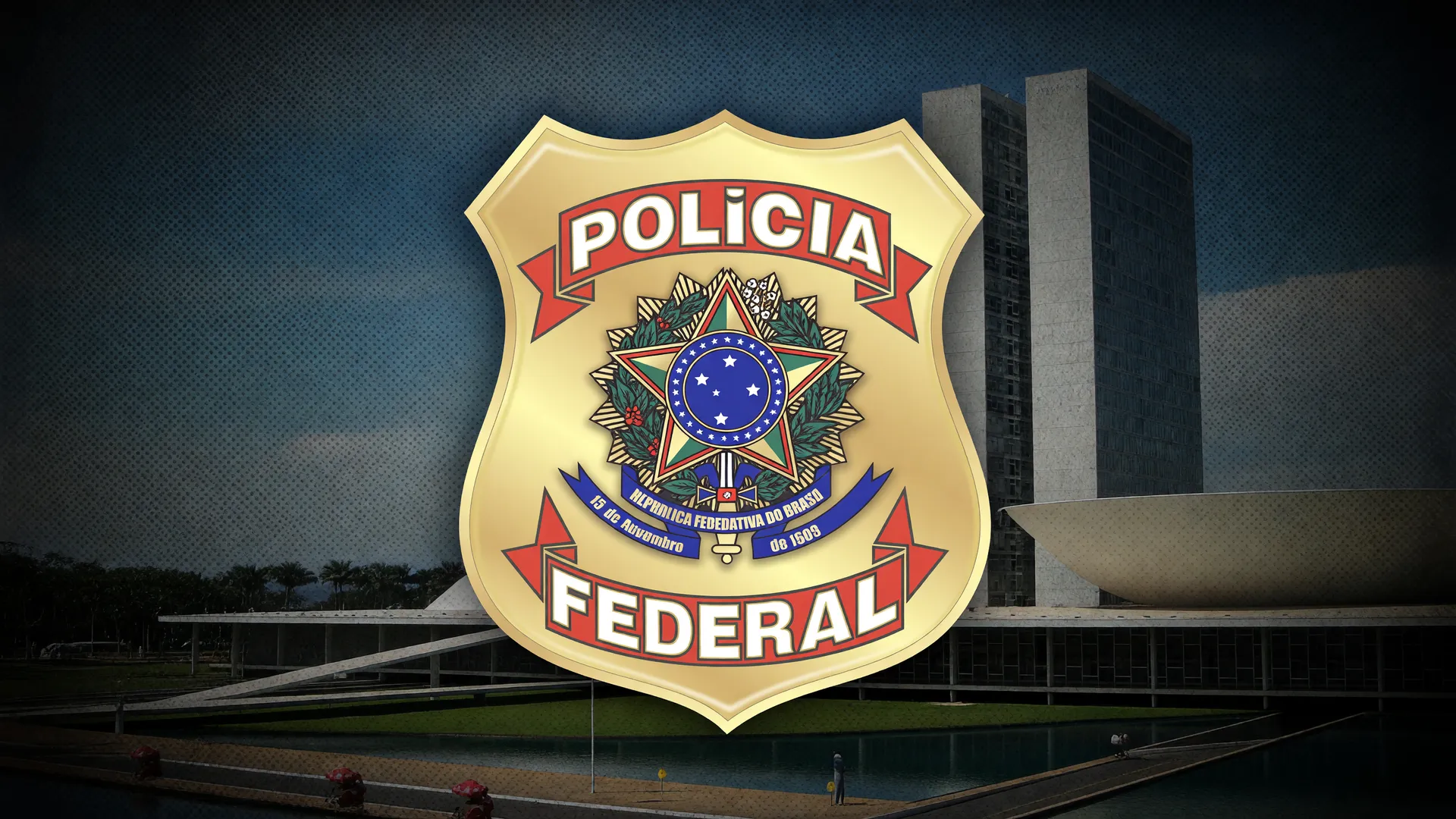 Brasão da Polícia Federal sobre o Congresso em Brasília, simbolizando o Coaf e transações atípicas de Flávio Bolsonaro