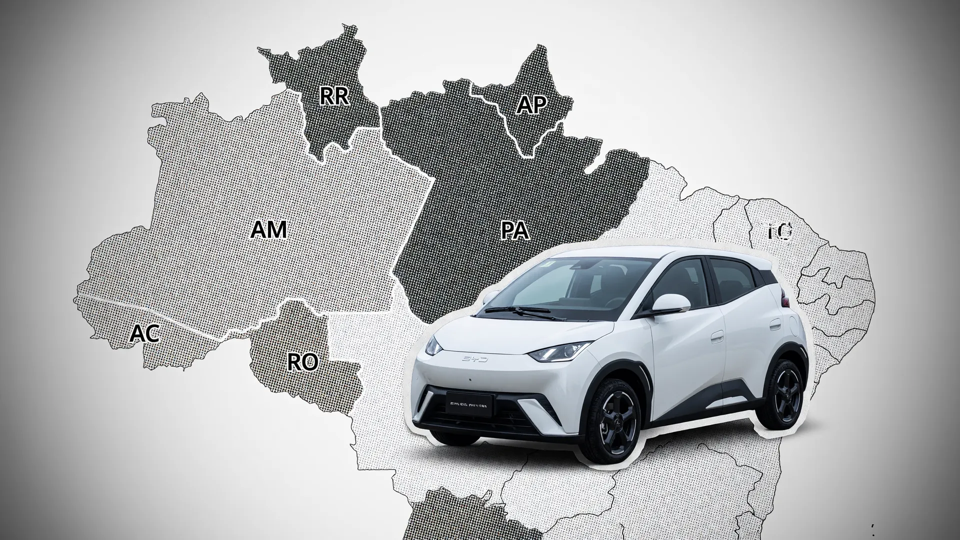 Mapa da Região Norte e carro elétrico BYD ilustram a consulta pública recarga veículos elétricos aberta pelo governo