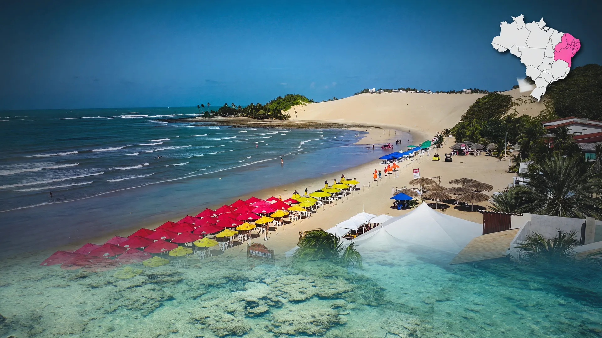 Praia do Nordeste com dunas e coqueiros, região com corais ameaçados de extinção pelo aquecimento dos oceanos