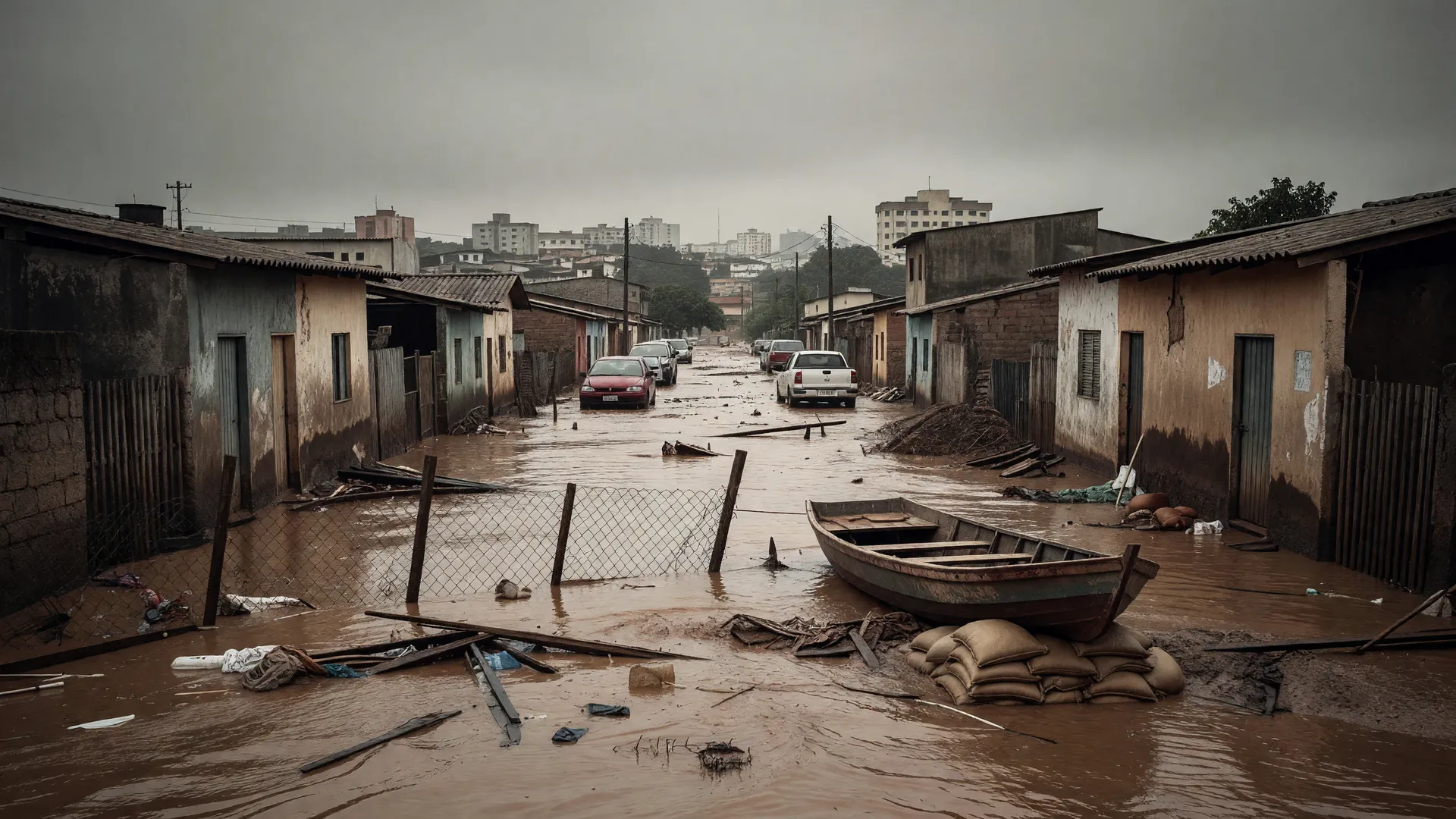 Rua inundada em município brasileiro ilustra falta de crédito para prevenção de desastres naturais.