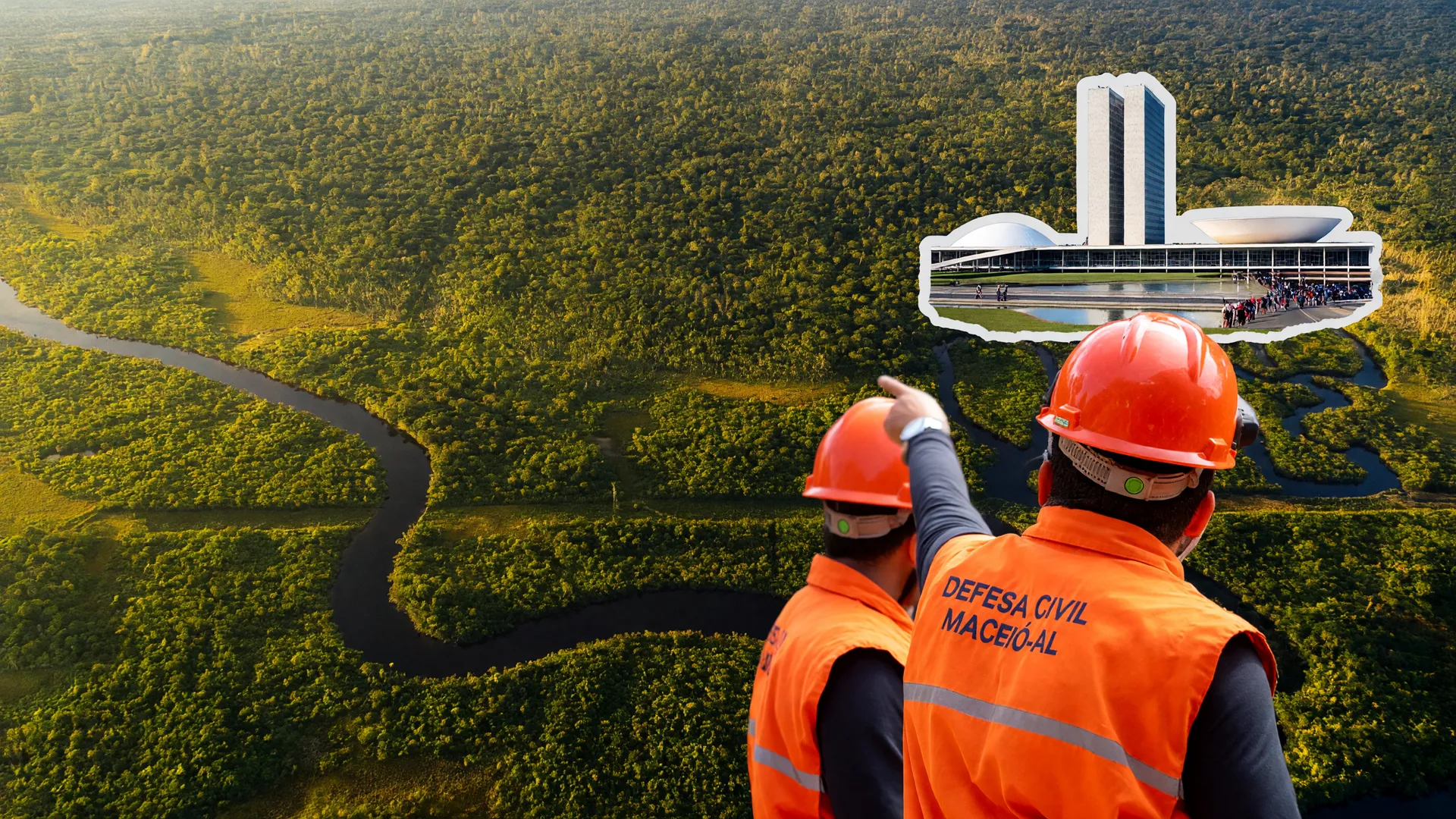 Brigada da Defesa Civil diante da Amazônia: crédito para queimadas na Amazônia e o Congresso Nacional ao fundo