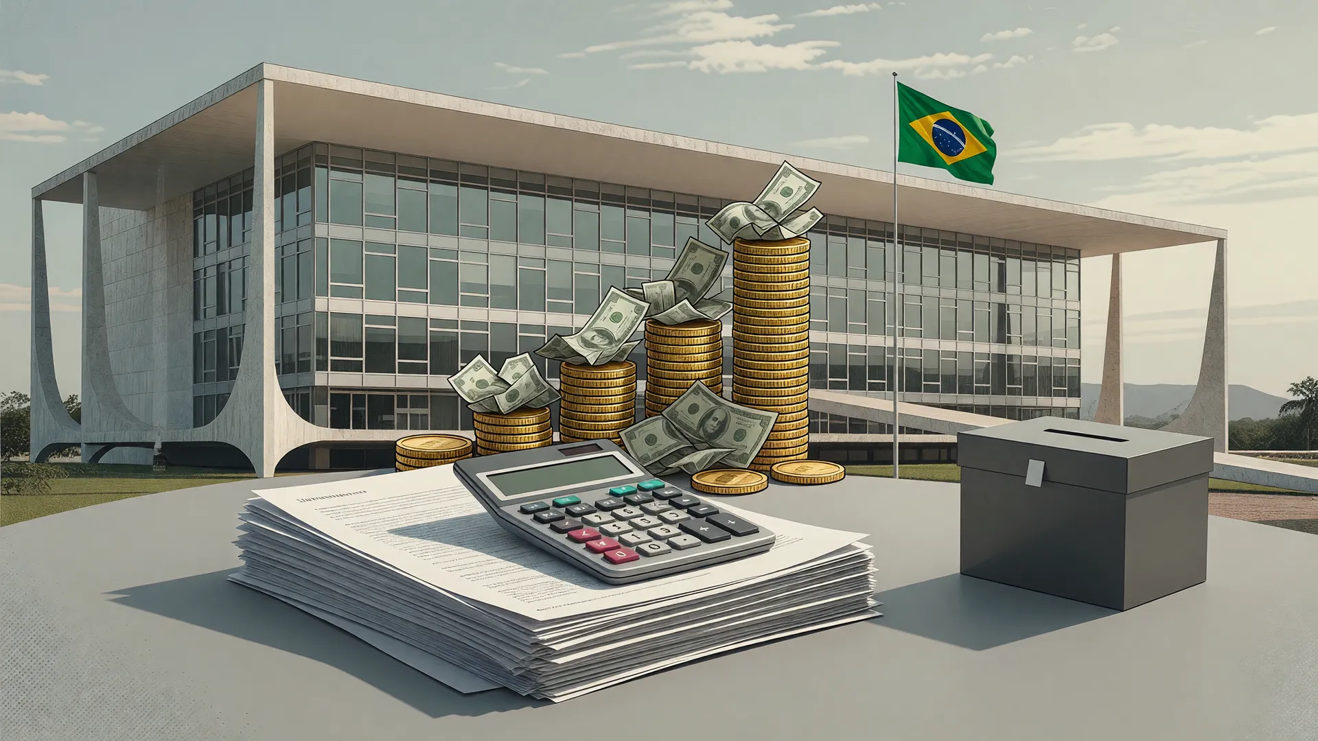 Documentos e calculadora sobre gráfico de barras ilustram o custo do pacote de Lula antes da eleição