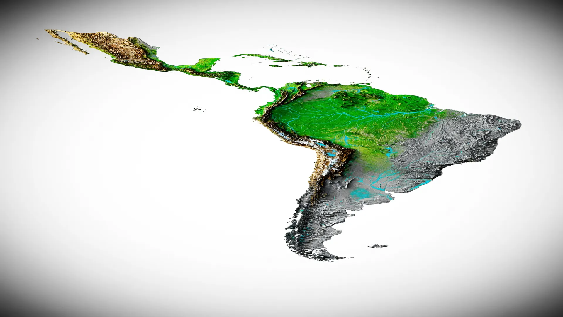 Mapa de relevo da América Latina simboliza o declínio de vertebrados na América Latina e a perda de biodiversidade.