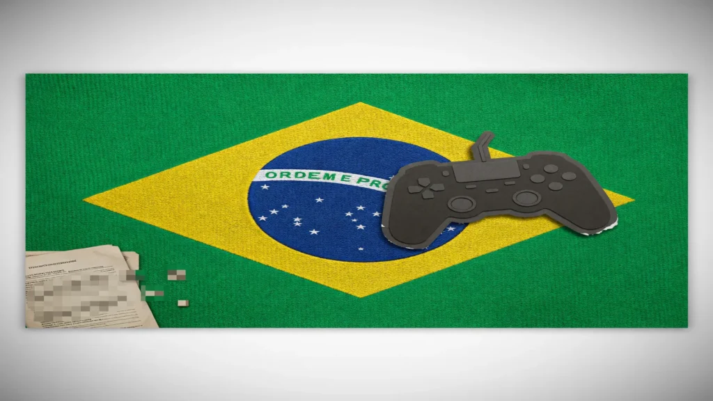 Bandeira do Brasil com controle de videogame ilustra como o decreto regulamenta indústria de games no país