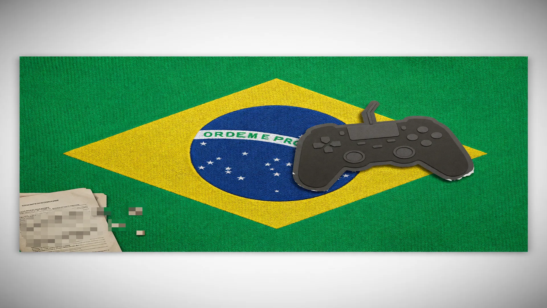 Bandeira do Brasil com controle de videogame ilustra como o decreto regulamenta indústria de games no país
