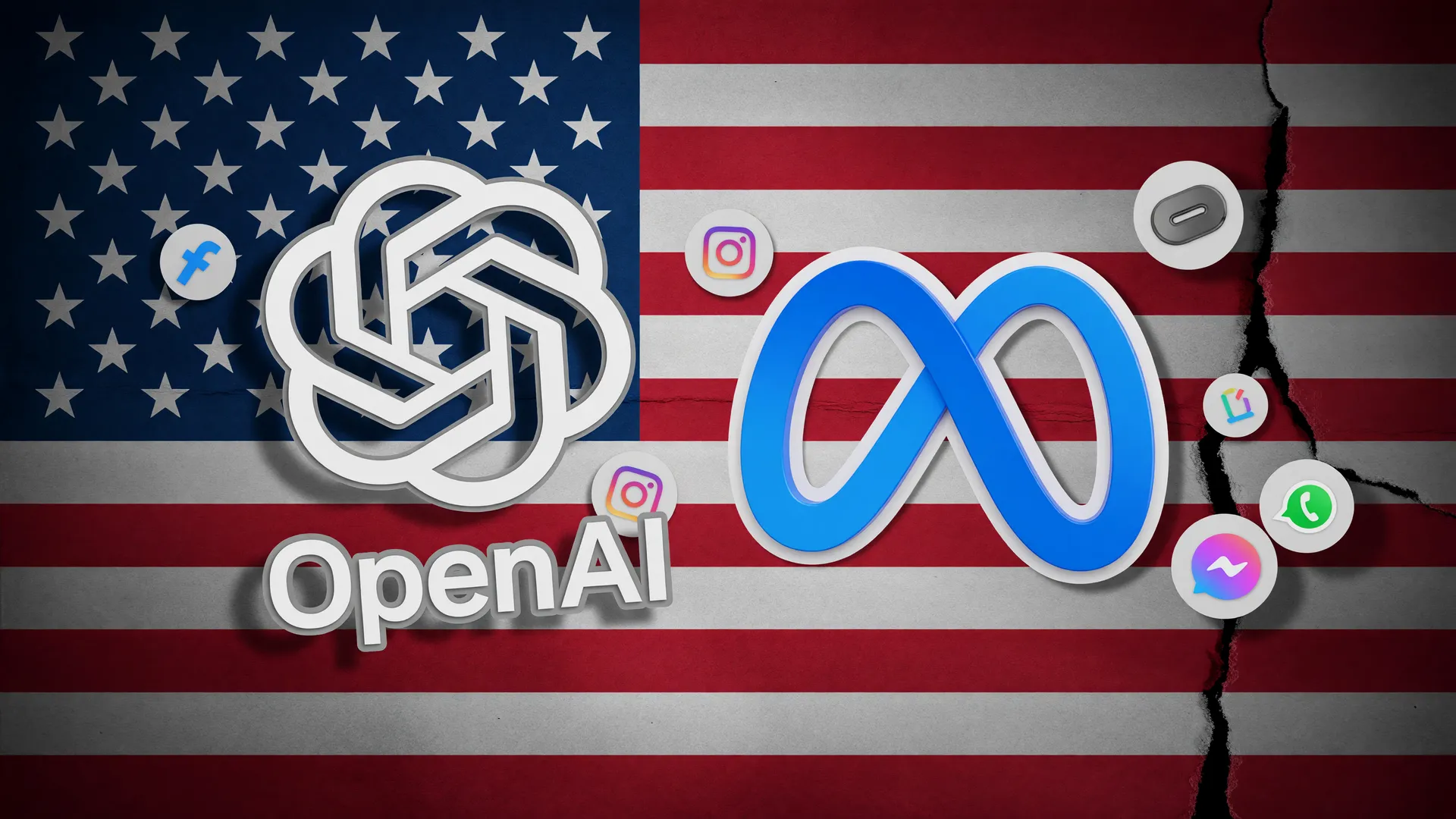Logos da OpenAI e da Meta sobre a bandeira dos EUA, ilustrando deepfakes difíceis de detectar e o risco para provas judiciais