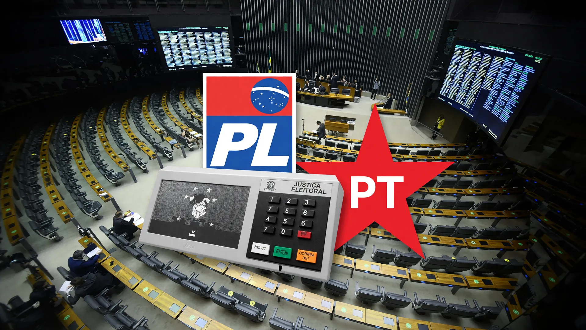 Plenário da Câmara dos Deputados com logos do PL e do PT, simbolizando a disputa pelos deputados federais eleitos 2026