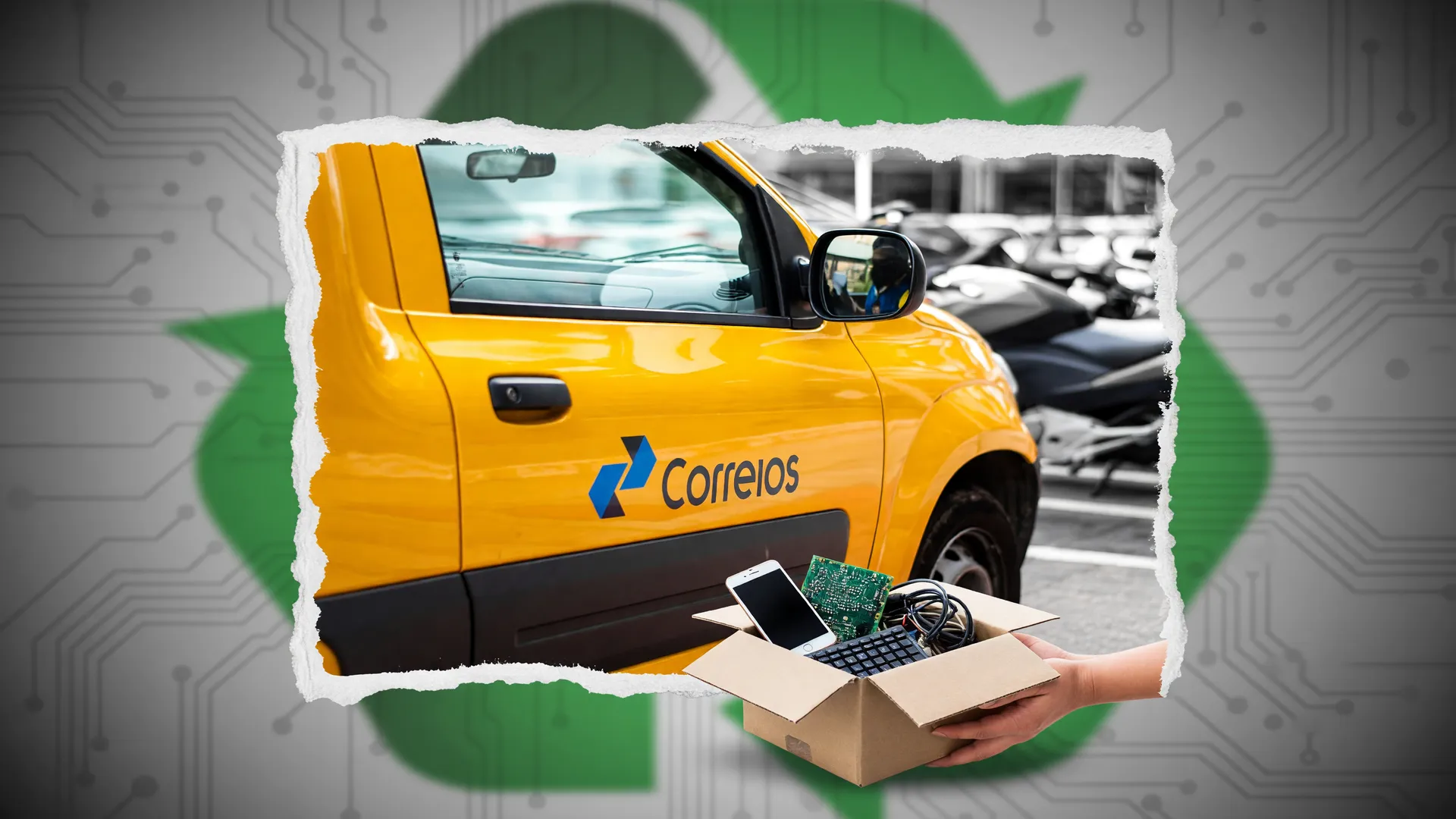 Veículo amarelo dos Correios em pátio logístico, ilustrando o descarte de eletrônicos nos Correios em mais de 6 mil agências