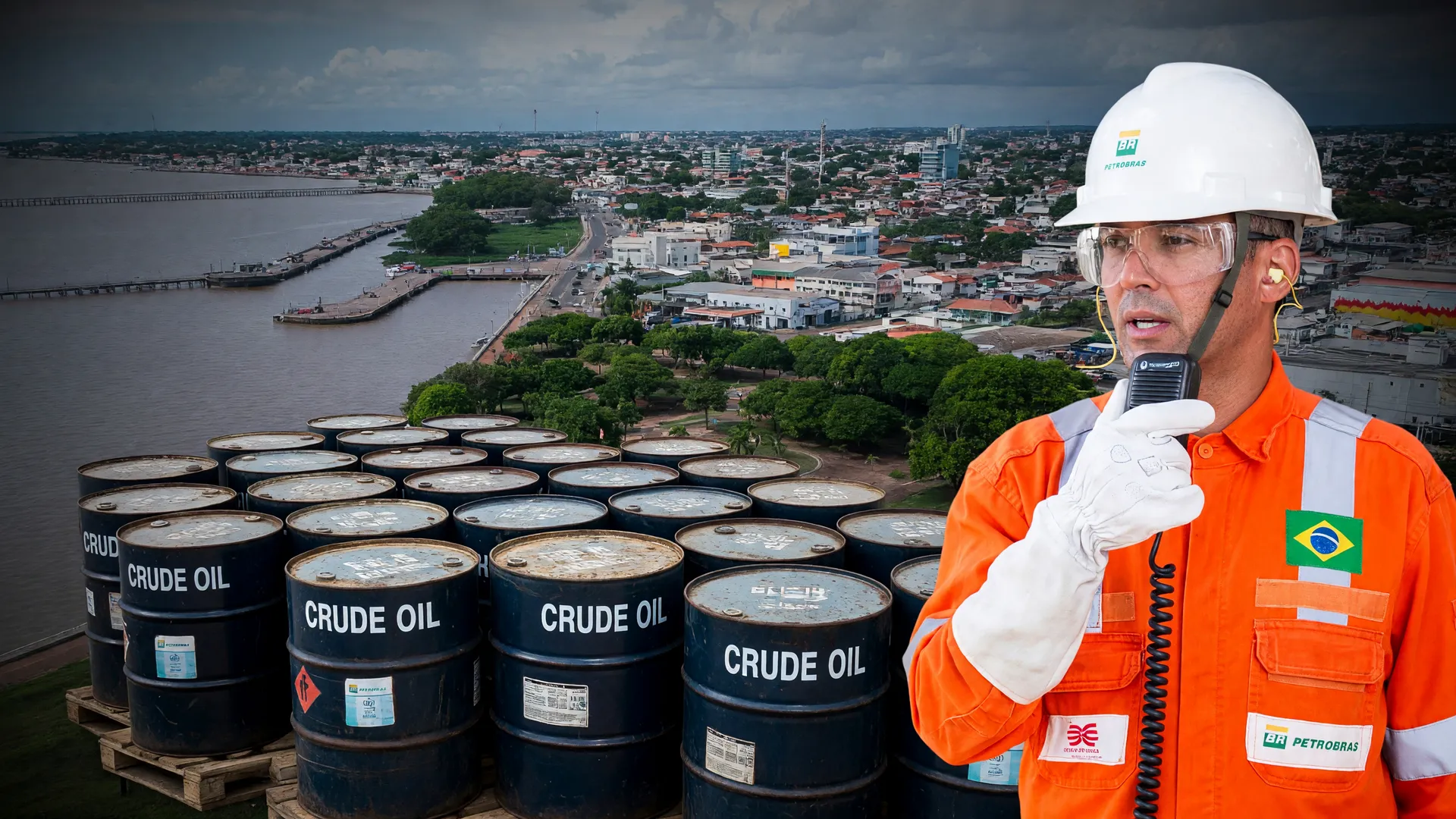 Barris de petróleo com a costa do Amapá ao fundo, representando a descoberta de petróleo no Amapá