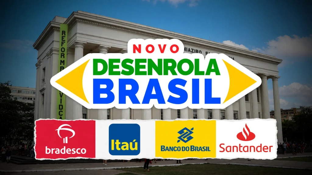 Colagem sobre o Desenrola 3.0 venda de dívidas: logo do programa, bancos e o Ministério da Fazenda em Brasília