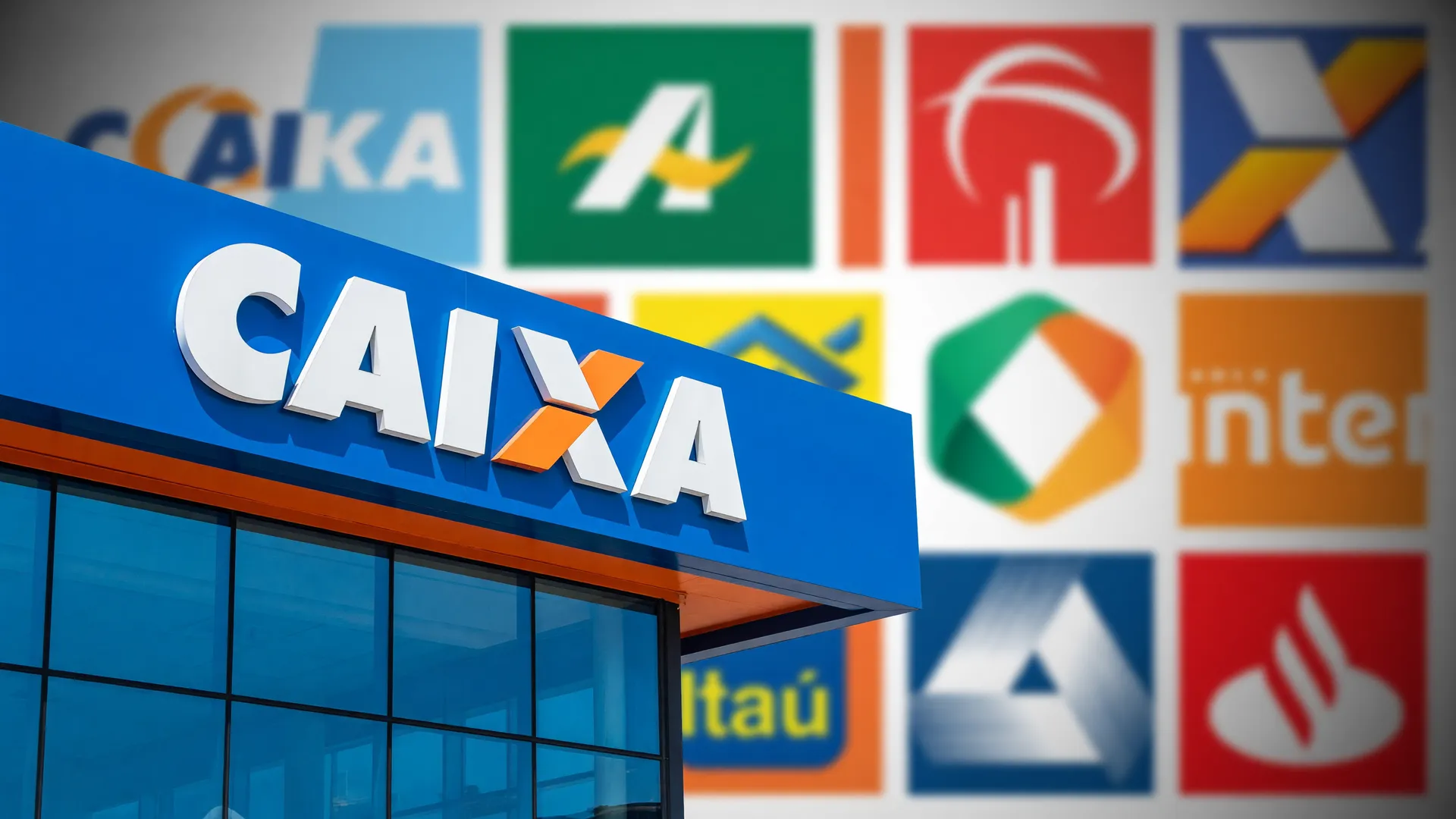 Fachada da Caixa ao lado de logos de bancos simboliza a devolução de saldo das bets aos apostadores