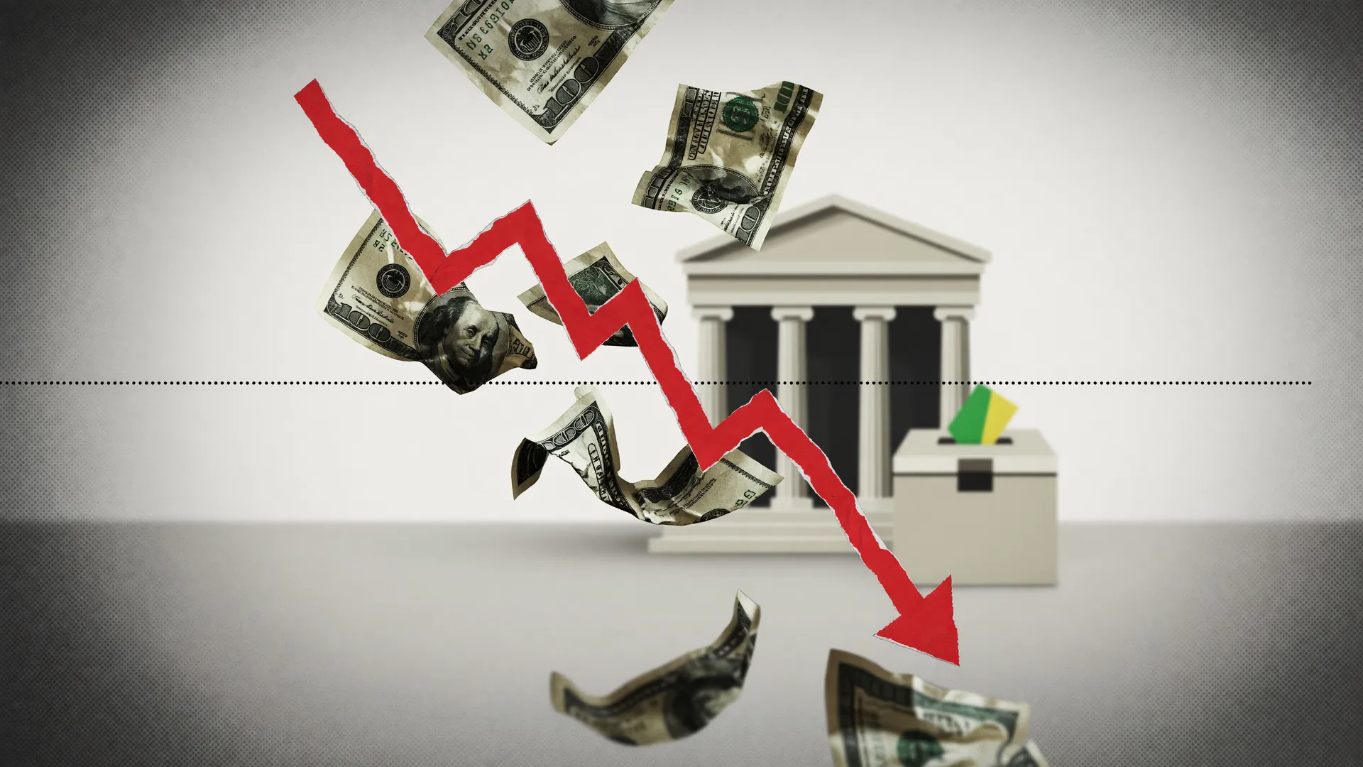 Gráfico simboliza o dólar abaixo de R$ 5 com cédulas caindo e urna eleitoral ao fundo