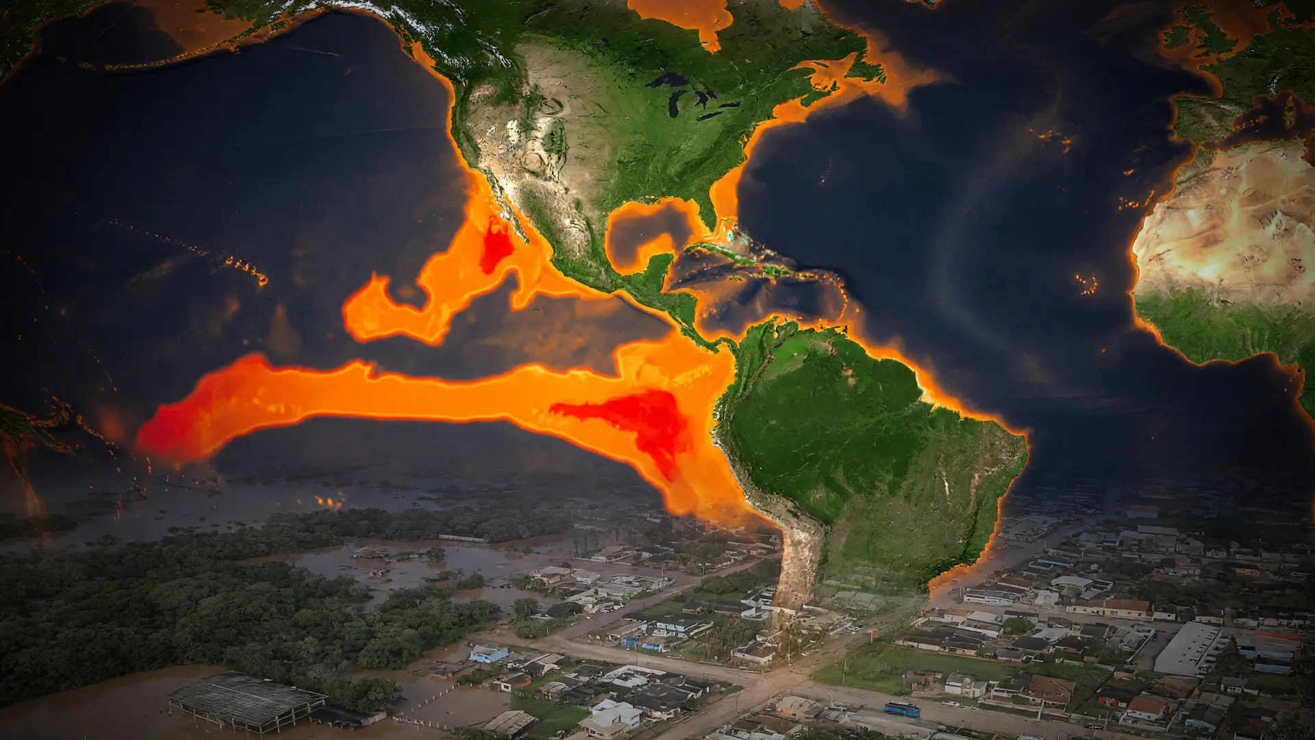 El Niño muito forte 2026: mapa térmico do Pacífico ao lado de enchente urbana, simbolizando risco de cheias no Sul
