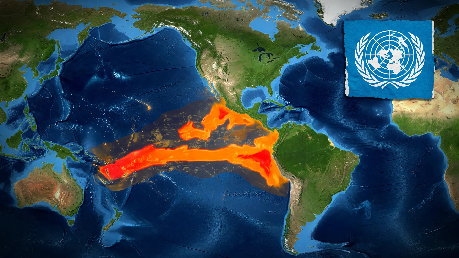 Mapa térmico do Pacífico com anomalias em vermelho e emblema da ONU ilustram El Niño recorde alerta ONU