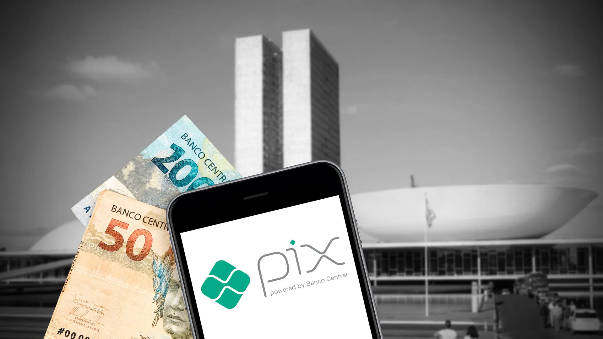 Congresso Nacional ao fundo e Pix no celular simbolizam as emendas Pix sem detalhamento