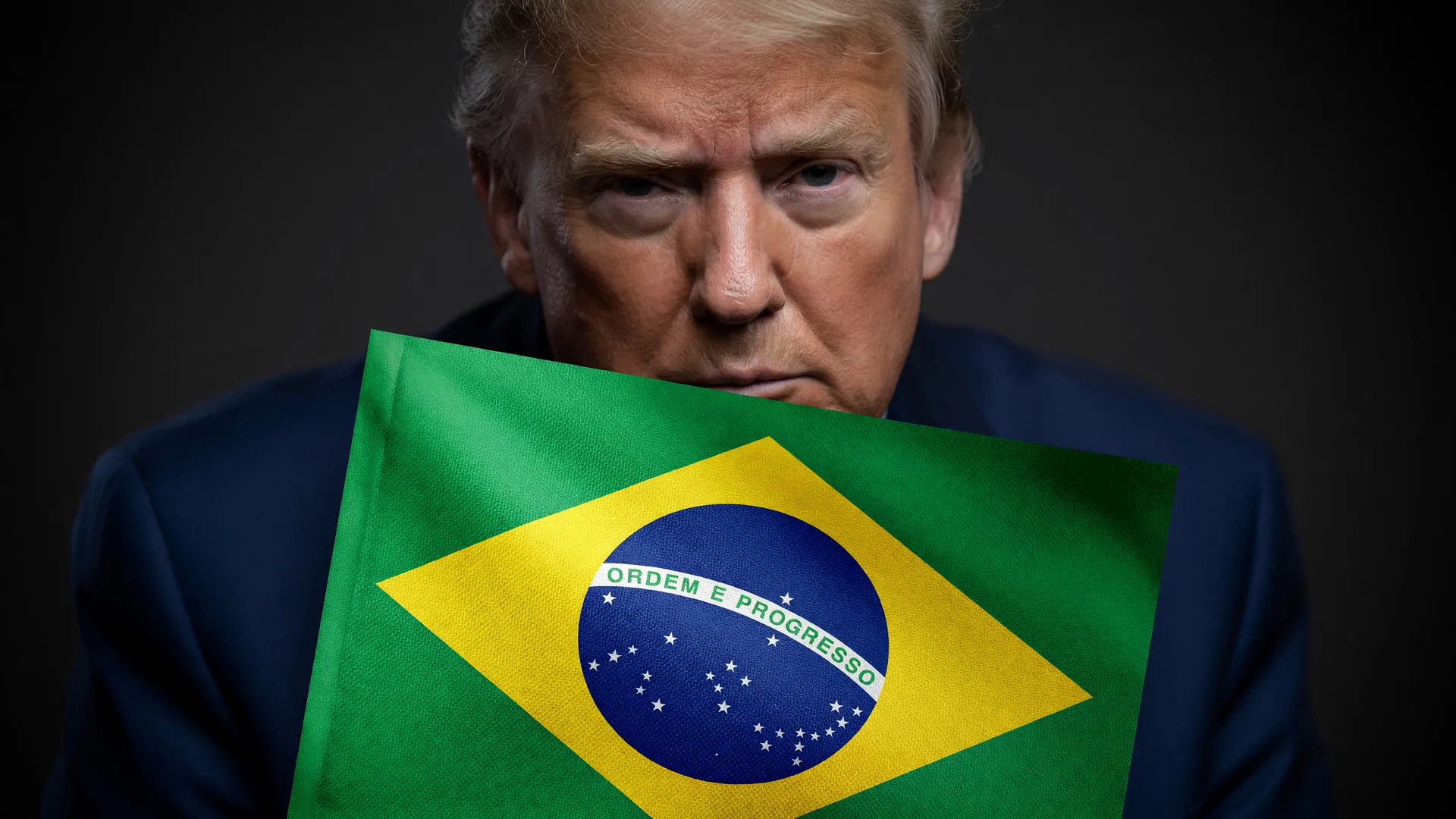 Trump e bandeira do Brasil simbolizam tensão sobre o escudo das américas brasil e a soberania nacional