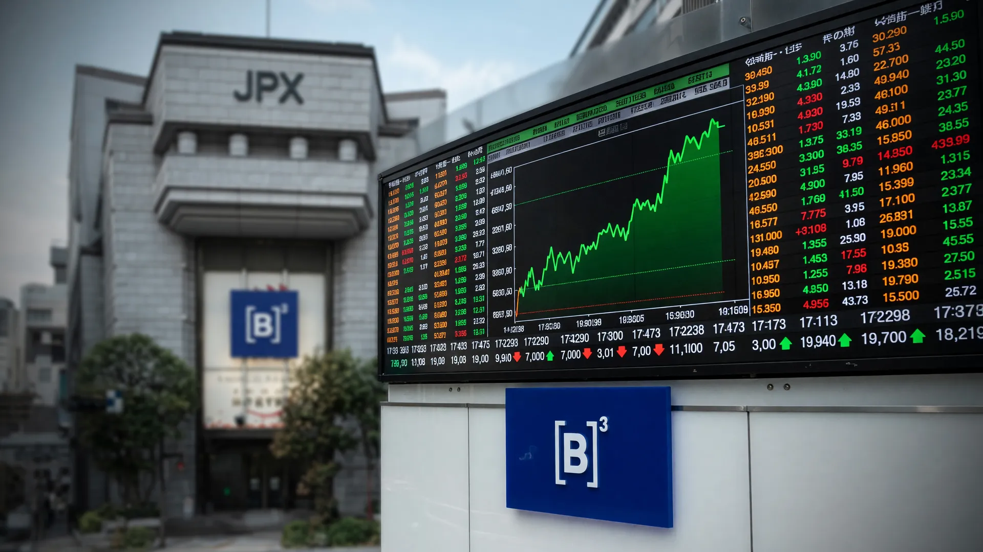 Painel eletrônico mostra alta do ETF do Ibovespa em Tóquio, com fachada da bolsa japonesa ao fundo