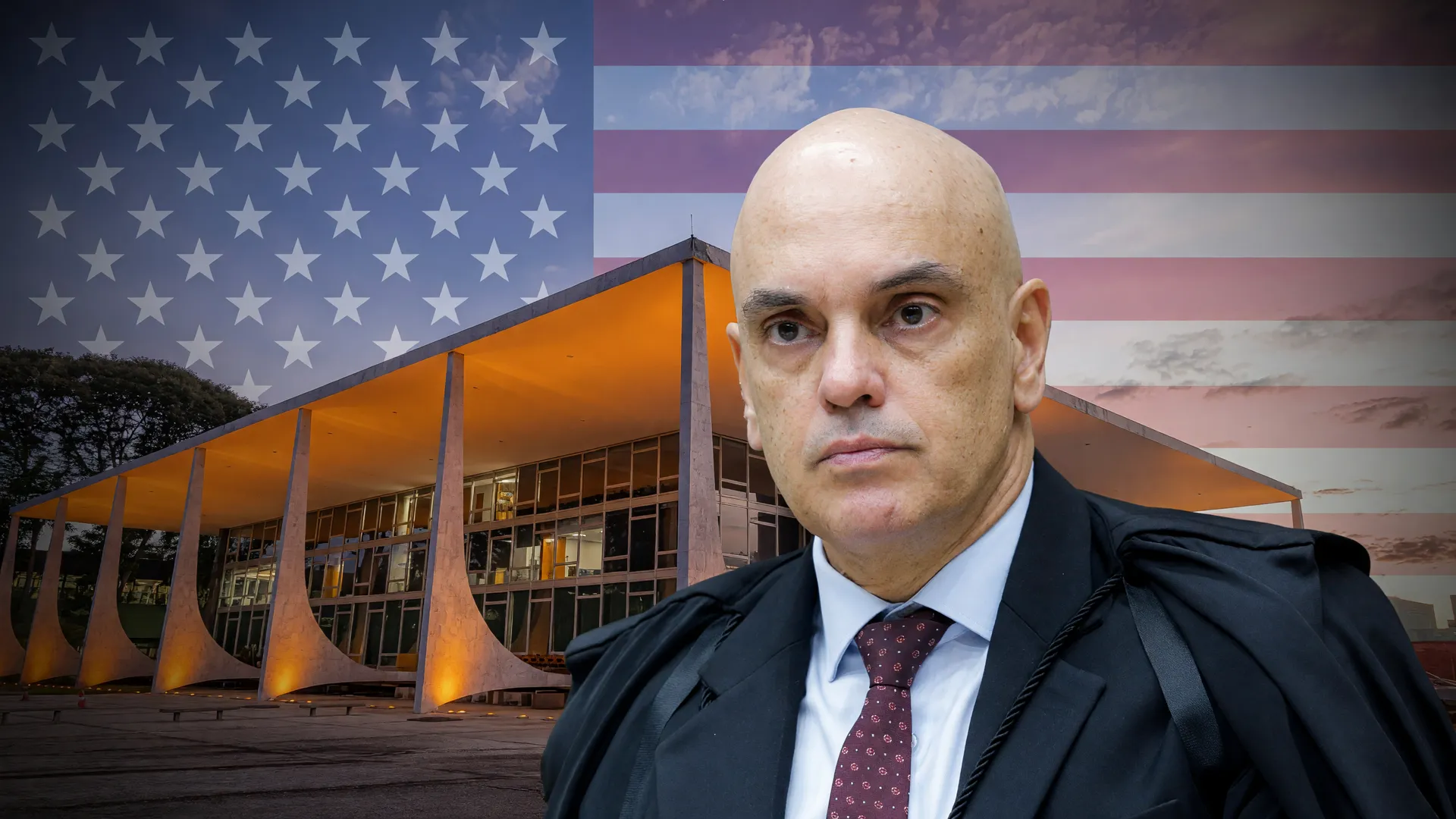 Fachada do STF ao entardecer com Alexandre de Moraes em primeiro plano, ilustrando que EUA financiam grupos contra STF