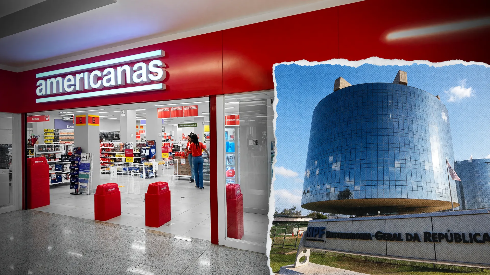 Fachada de loja Americanas ao lado da sede do MPF, ilustrando os ex-executivos da Americanas réus por fraude bilionária