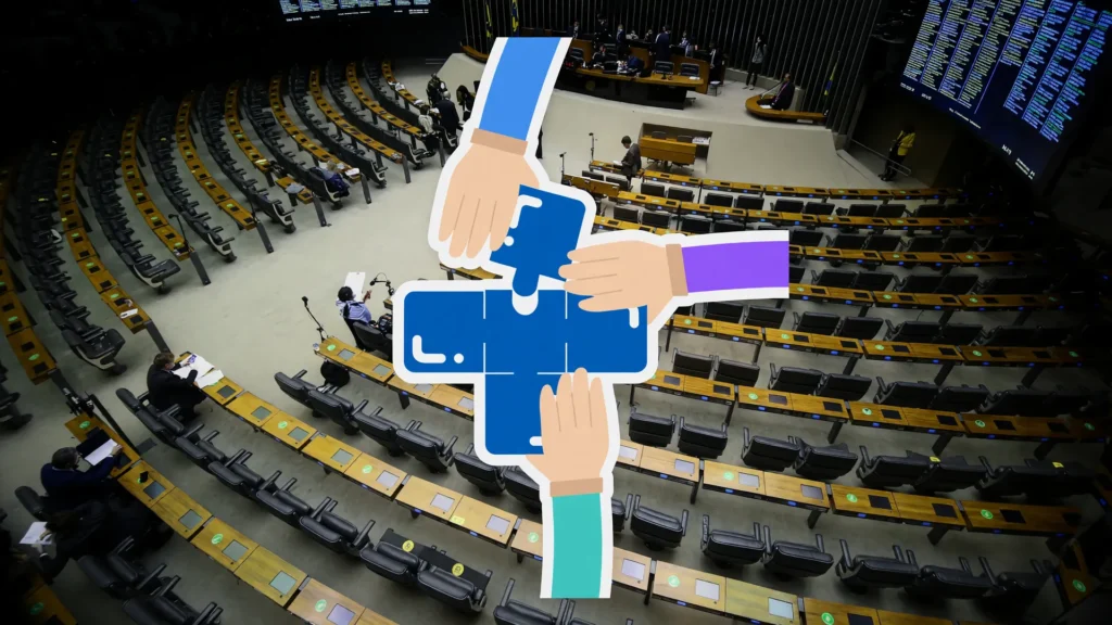Plenário da Câmara com símbolo do SUS: exames privados aceitos no SUS após aprovação de projeto