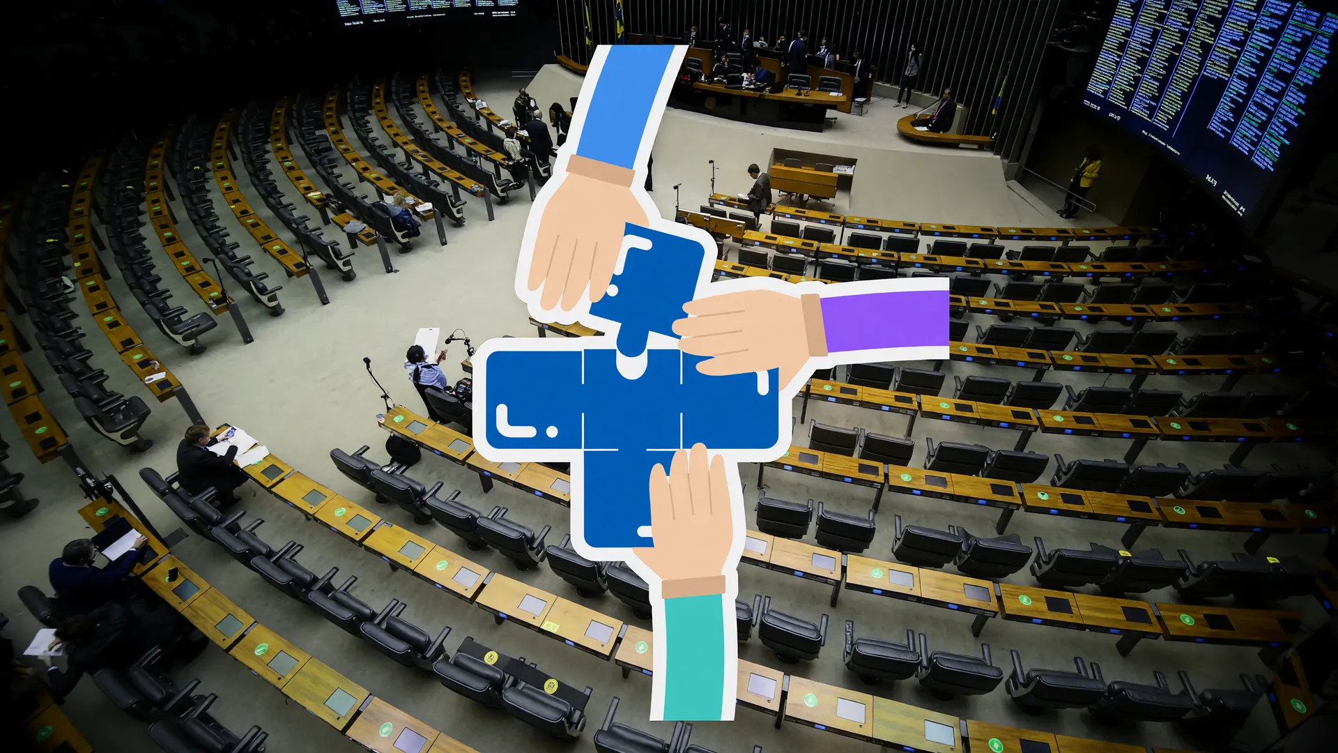 Plenário da Câmara com símbolo do SUS: exames privados aceitos no SUS após aprovação de projeto