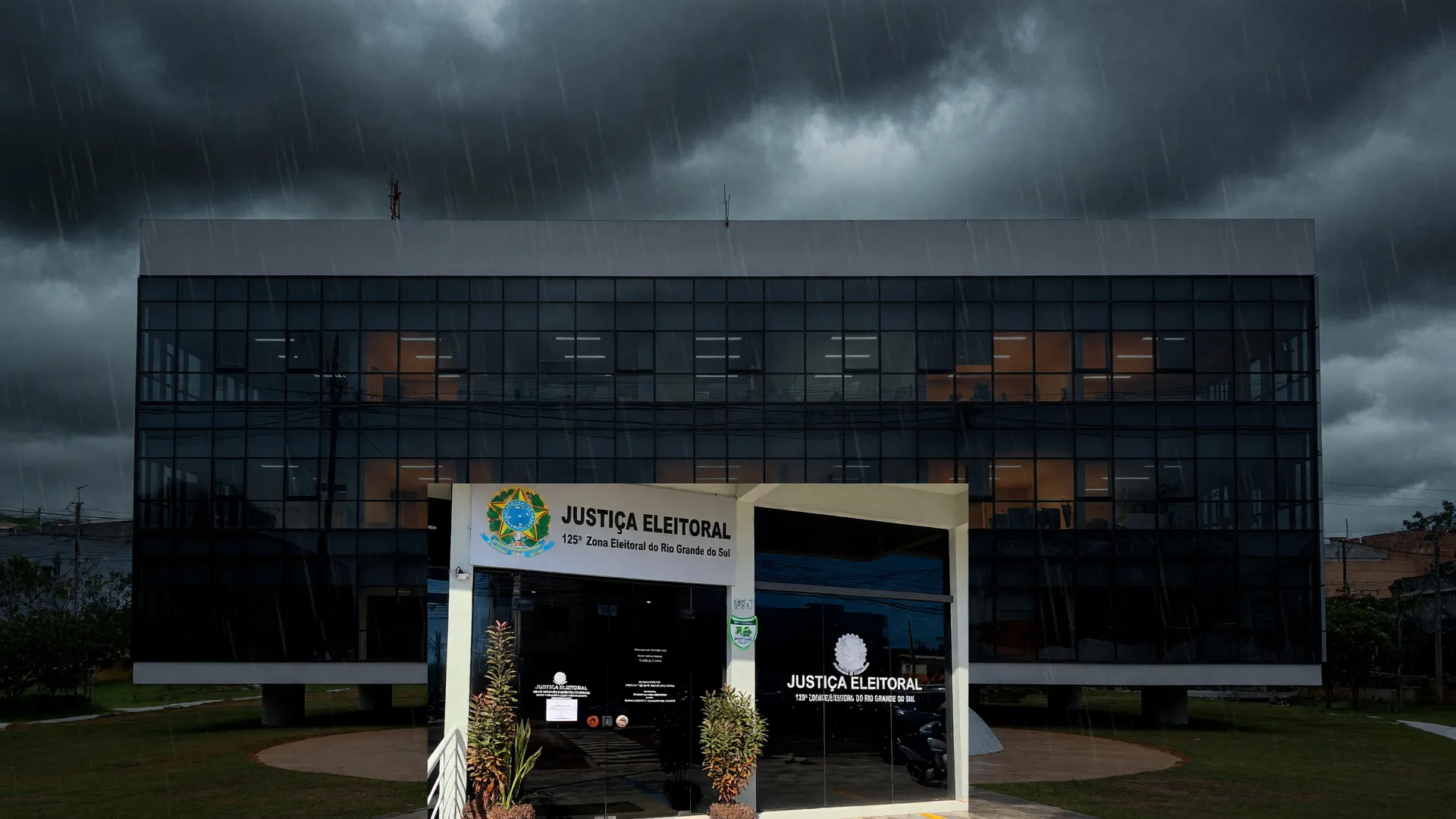Prédio do TSE e fachada de zona eleitoral sob chuva simbolizam o debate sobre extensão do horário de votação chuvas