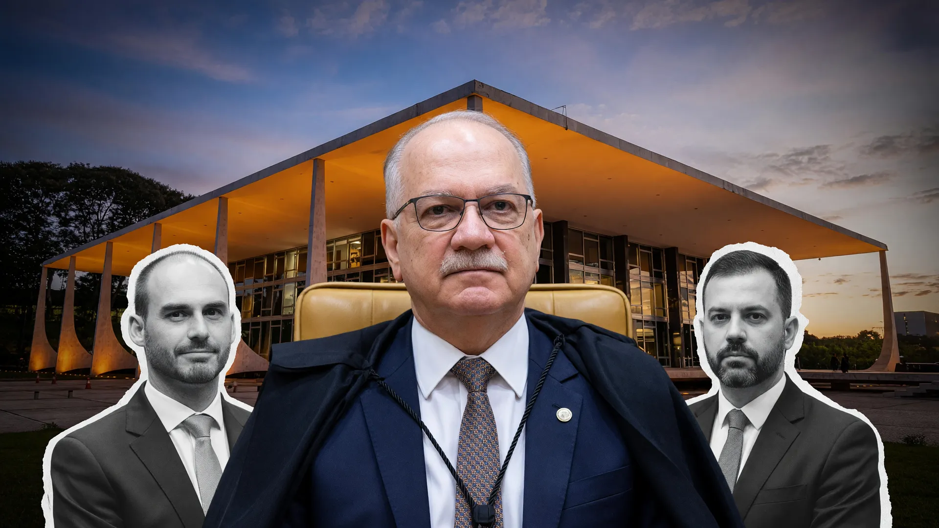 Fachin arquiva inquérito fake news: presidente do STF diante da fachada do tribunal, com Eduardo Bolsonaro e Malafaia ao fundo